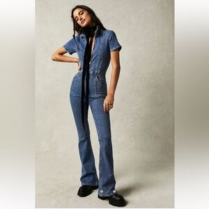 We The Free (Free People) Jayde Flare Jumpsuit Medium Sunburst Blue